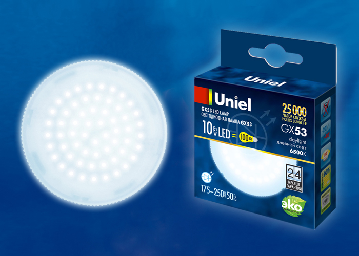 LED-GX53-10W/6500K/GX53/FR PLZ01WH  Лампа светодиодная, матовая. Дневной свет (6500K). Картон. ТМ Un
